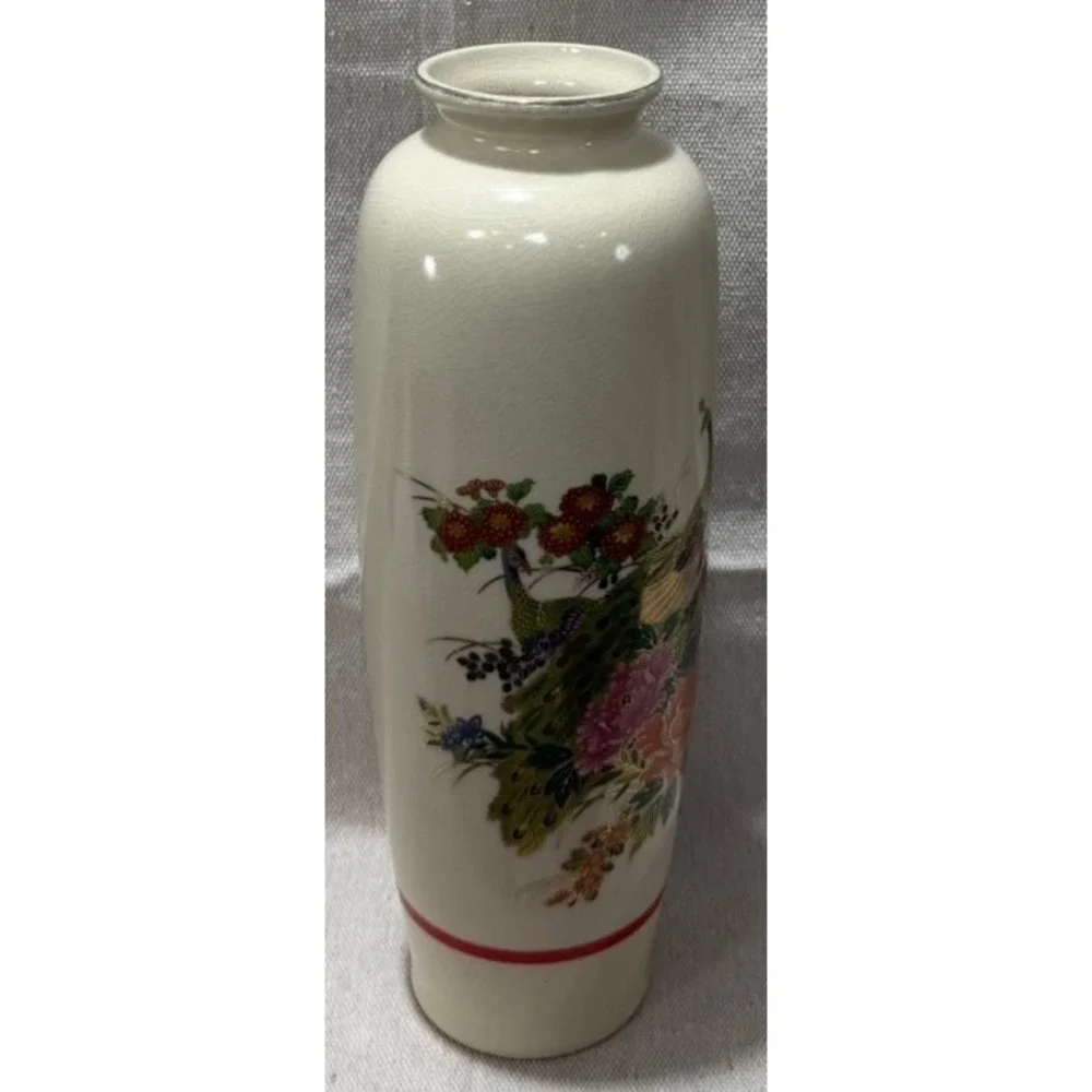 Vintage Japanese Satsuma Peacock Floral Vase 10 Inch Crackle Glaze Chinoiserie